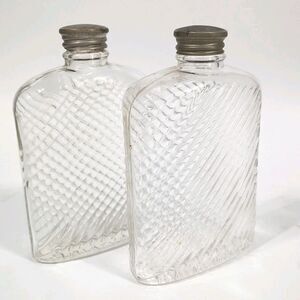 Lot of 2 Antique Universal Art Deco Glass Whisky Hip Flask Bottle 1927 Metal Cap
